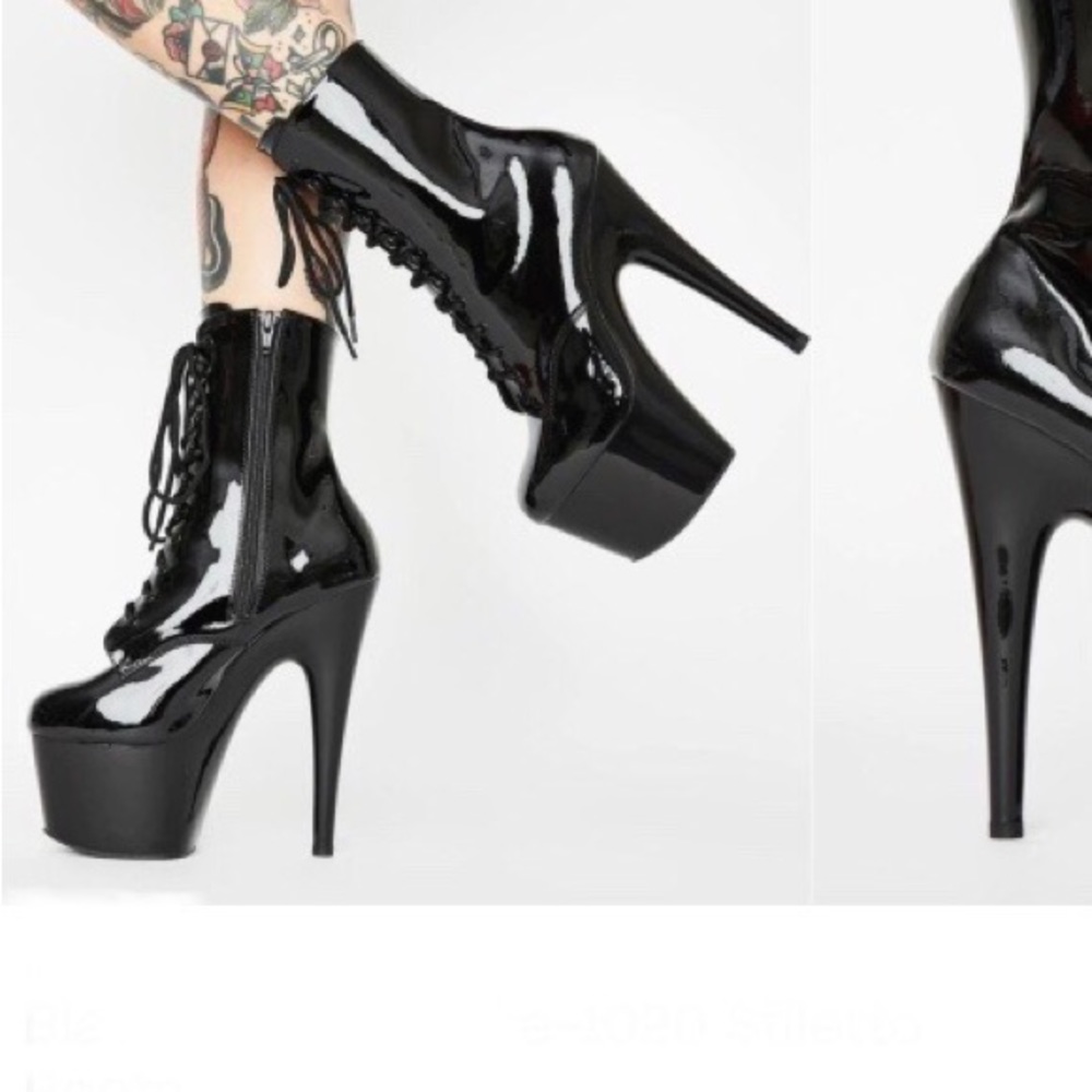 Super Sexy Black Patent Lace Up Shiny Stiletto Boots SMALL WOMAN SZ 5